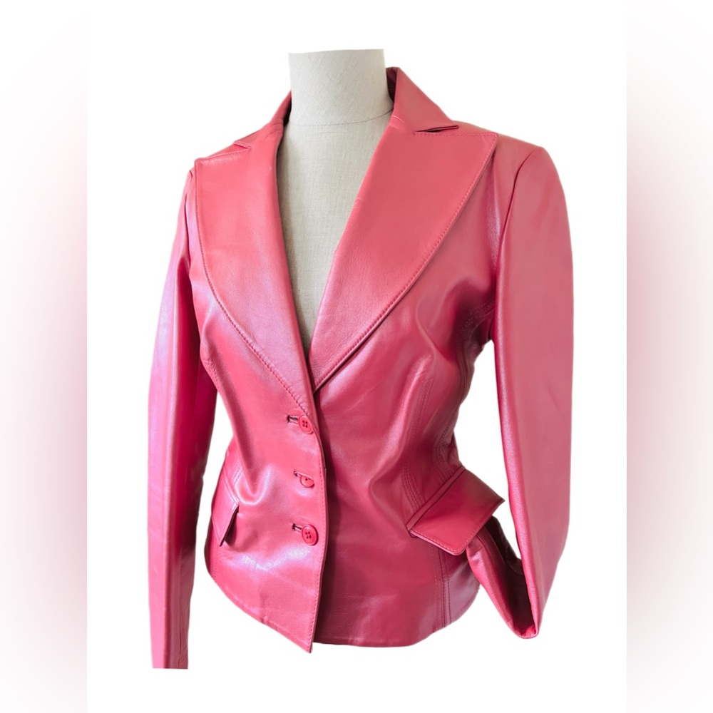Sold Vintage 90’s Pink Metallic Leather Fitted Coat by Cache